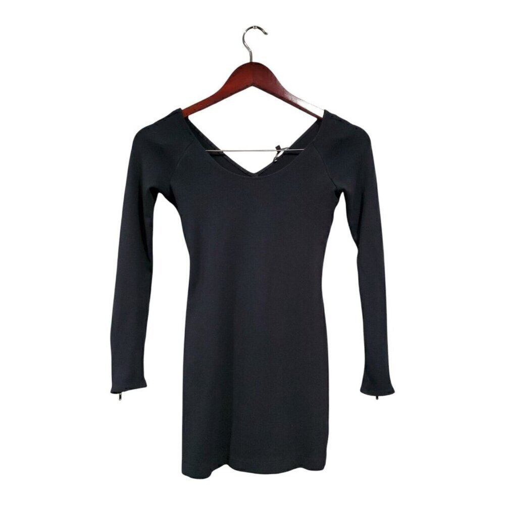 Theory Women's Black Spandex Bodycon Mini Dress Long-Sleeved Zip Cuffs Sz P/TP